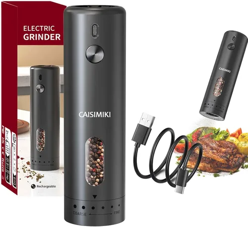 Vista 10 de Molinillo eléctrico de sal o pimienta, funciona con pilas, molinillo automático de sal y pimienta con luz LED, grosor ajustable, incluye cepillo