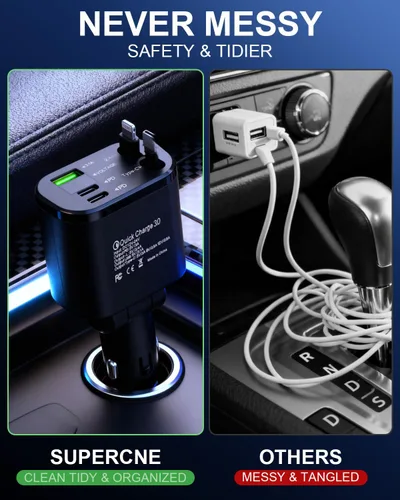 Vista 6 de Cargador de coche rápido 5 en 1 con puertos USB-A y USB-C, carga de alta velocidad de 75 W, cables retráctiles USB-C y Lightning, compatible