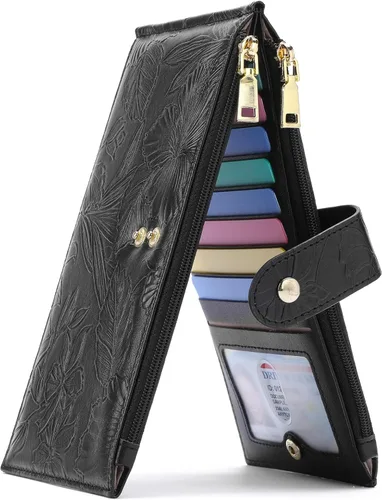 Vista 11 de GAEKEAO Cartera pequeña porta tarjetas de crédito para mujeres RFID de cuero delgada tipo pulsera con llavero y bolsillo con cremallera, Negro