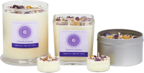 Vista 5 de New Moon Beginnings Crown Chakra Candle - Velas de chakras - Velas de té de flores secas, hierbas y cristal, aromaterapia, picante, cálido