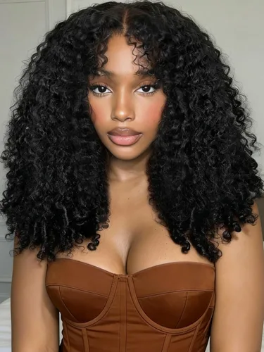 Vista 19 de KLAIYI Bye Bye Slip™ - Pelucas de cabello humano con encaje frontal 7x5, color marrón castaño degradado, rizado, sin pegamento, precortadas de 7 x