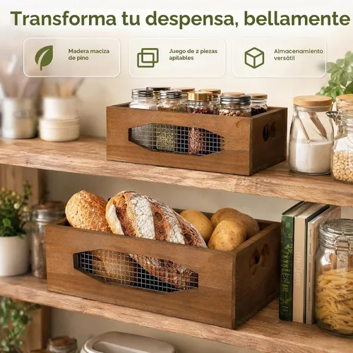 Vista 9 de Okllen Juego de 2 cestas de madera anidables para encimera, caja de almacenamiento decorativa de madera rústica con asas recortadas para pan