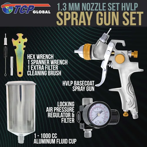 Vista 2 de TCP Global – Pistola pulverizadora por gravedad HVLP de 1,3 mm para capa base de pintura transparente para auto con regulador de aire (G6600 – 13)
