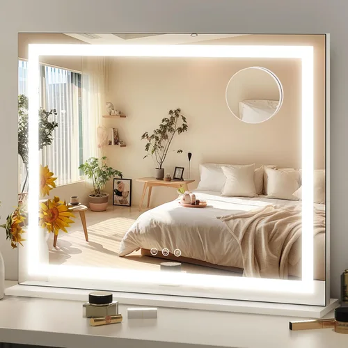 Vista 18 de FENNIO - Espejo de tocador con luces, espejo de maquillaje iluminado LED, pantalla táctil con 3 modos de iluminación, regulable, para mesa