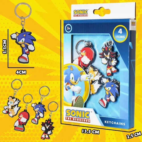 Vista 6 de Sonic The Hedgehog Llaveros de goma para niños, nudillos, cola de sombra para niños, coleccionables, paquete de 4 mini figuras, juego de llaveros