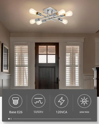 Vista 6 de Lámpara de techo semiempotrada de 6 luces, moderna lámpara Sputnik de níquel cepillado, lámpara de techo de granja E26, cocina, dormitorio, sala