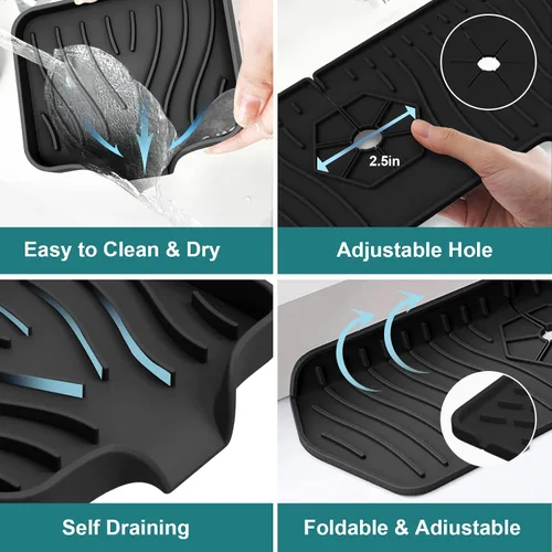 Vista 6 de Protector contra salpicaduras para fregadero de cocina y bandeja de jabón, tapete protector de silicona para grifo, soporte de esponja con boquilla