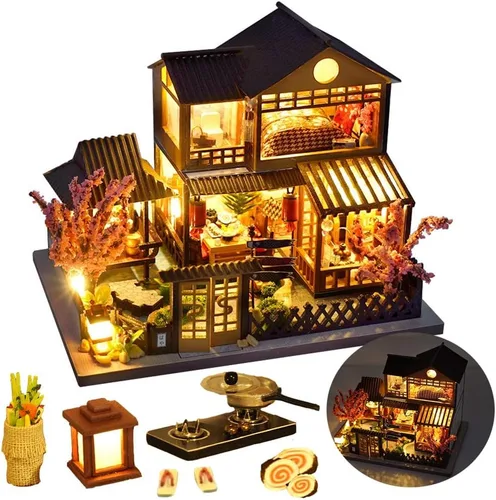 Vista 8 de Casa de muñecas de madera en miniatura japonesa/mar/mercado de casas de coches, kit de casa de muñecas, construcción de villas, modelo 3D, regalos