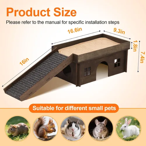 Vista 2 de Casa Grande para Conejos con Escalera, Castillo de Madera para Conejos Escondite de Conejos, Cabaña Escondite para Chinchillas y Conejillos