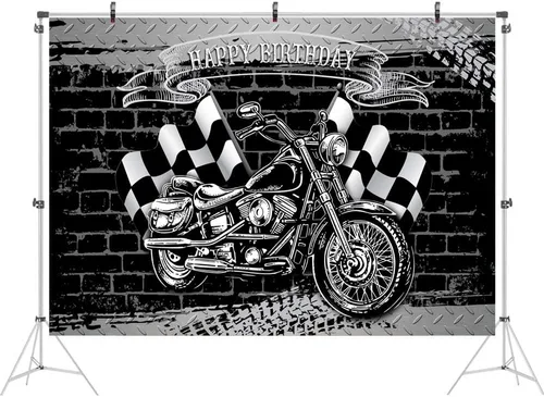 Vista 2 de Ticuenicoa Telón de fondo de fiesta de cumpleaños de motocicleta para fotografía, bandera negra y blanca, fondo de pared de ladrillo para hombres