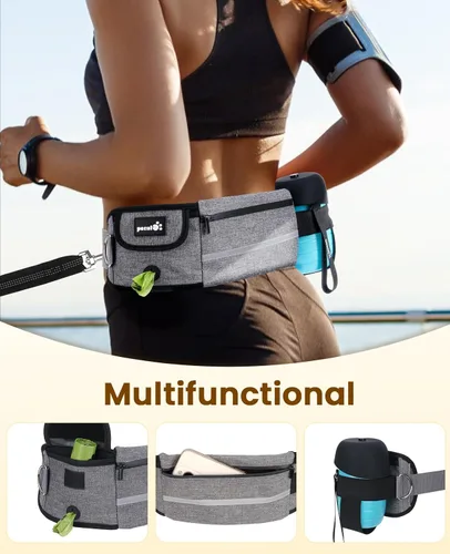 Vista 3 de Pecute Correa para perro manos libres con bolsa, riñonera con almohadillas suaves, asas acolchadas dobles y elástico absorbente de golpes