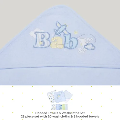 Vista 2 de Spasilk Juego de toallas y paños de baño con capucha para bebés, juego de regalo de 23 piezas, color azul