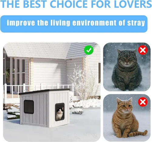 Vista 6 de DRATO Casa para gatos al aire libre, impermeable, material de polipropileno, refugio para gatos, robusto, resistente, fácil de montar, cálida casa