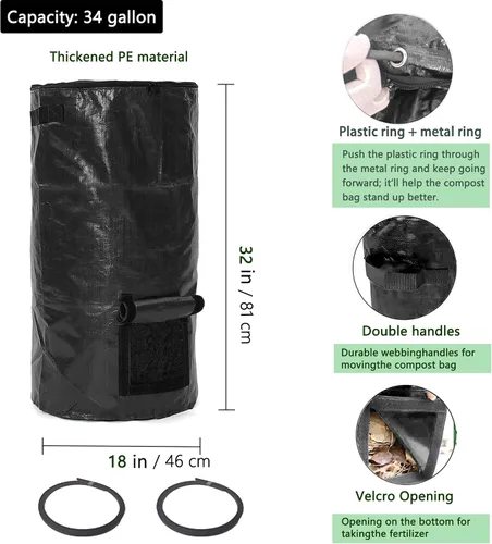 Vista 3 de Bolsas de compost de 34 galones, bolsas de compost de jardín reutilizables al aire libre, desechos orgánicos, bolsa de compostaje para jardín