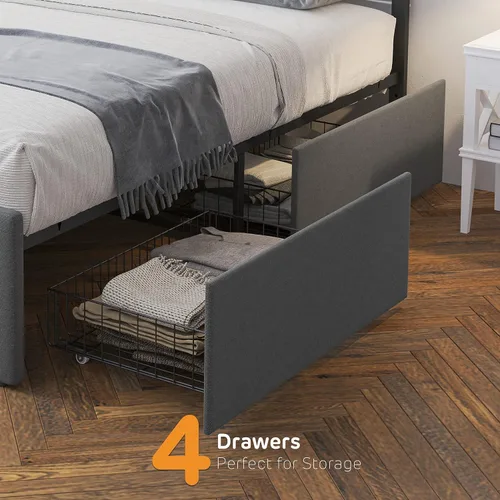 Vista 4 de GAOMON Base de cama de tamaño matrimonial con 4 cajones de almacenamiento y cabecero, base de colchón tapizada con plataforma completa, base