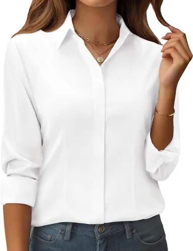 Vista 16 de siliteelon Camisas con botones para mujer: ajuste clásico, resistente a las manchas, manga larga, sin arrugas, oficina de negocios