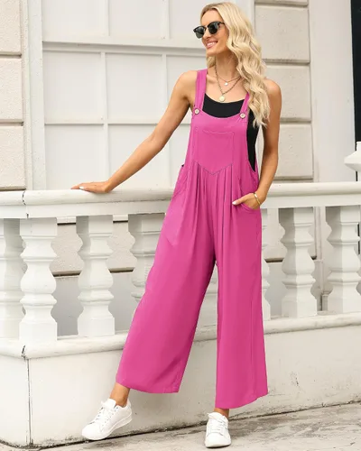 Vista 3 de luvamia Overol para mujer, casual, holgado, pierna ancha, bohemio, con bolsillos, overol con pechera