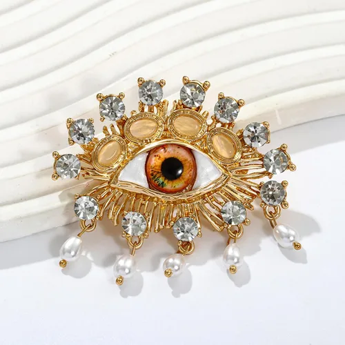 Vista 3 de Broche de mal de ojo a la moda, único, elegante, con diamantes de imitación vintage, dijes de la suerte, broche de ojo esmaltado, borla de perla