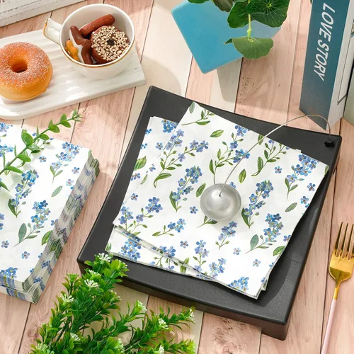 Vista 3 de AnyDesign Paquete de 80 servilletas de almuerzo florales azules, desechables, acuarela, flores, servilleta de papel, olvides de miosotis, Sylvatica