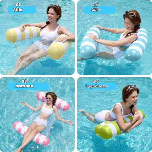 Vista 2 de SLOOSH 4 Packs Strip Type Hammock Pool Floats Adults, 4-in-1 Multi-Purpose Inflatable Pool Floaties PVC Water Hammock Lounge