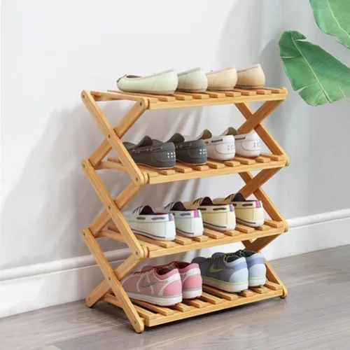 Vista 8 de Zapatero de bambú de 2 niveles, estante de almacenamiento de zapatos plegable portátil, sin instalación, pequeño zapatero perfecto para pasillos