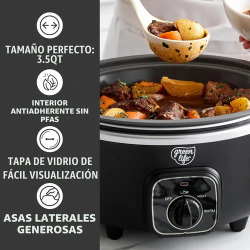 Vista 5 de GreenLife 3.5QT Olla de cocción lenta, cerámica antiadherente sin PFAS ni tóxicos, recipiente interior extraíble, programable, función mantener Negro