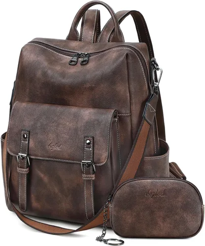 Vista 9 de AGLOD Mochila de cuero sintético para mujer, bolsos de viaje de moda para mujer, bolsos de viaje de trabajo de imitación, Beige- negro-marrón