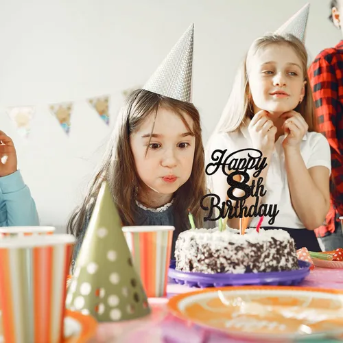 Vista 5 de Rsstarxi 1 paquete de decoración para tarta de cumpleaños 8 con purpurina negra de 8 años y fabulosos saludos a 8 años de edad, para celebrar el 8º