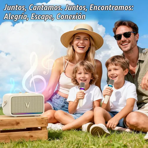 Vista 7 de Máquina de karaoke con 2 micrófonos inalámbricos y envoltura de cuero suave Mini altavoz Bluetooth portátil con 5 modos de cambio de voz