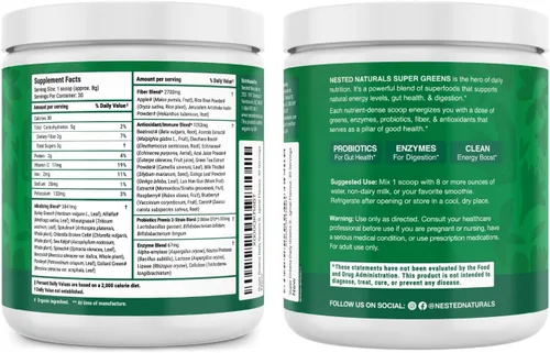 Vista 9 de SUPER GREENS Veggie Greens Superfood en polvo con 20 ingredientes orgánicos: espirulina, chlorella, cebada y otros, además de frutas orgánicas