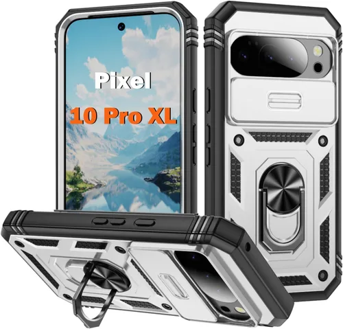 Vista 220 de PASNEW Funda militar para iPhone 13 Pro Max, cubierta de cámara deslizante y soporte de anillo de metal de 360°, carcasa rígida multicapa resistente