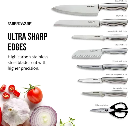 Vista 3 de Farberware EdgeKeeper - Juego de cuchillos de cocina de acero inoxidable estampado con bloque autoafilable, asas ergonómicas, se recomienda lavar a