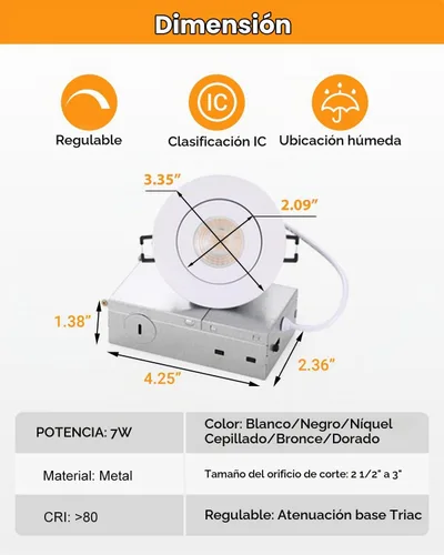 Vista 4 de POPANU 7W luces LED empotrables de 3 pulgadas con cardán giratorio, luz descendente direccional ajustable en 360°, iluminación de embutido regulable