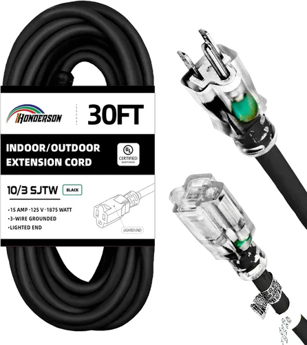 Vista 25 de Cable de Extensión HONDERSON con Extremo Iluminado, Certificado UL, Calibre 10, 1 Pie, Negro, 3 Puntas, Resistente, 10/3 SJTW, 15A, Cable de Energía