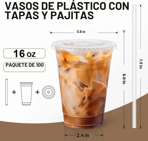 Vista 2 de Lamosi Paquete de 100 tazas de café de plástico de 16 onzas con tapas, vasos transparentes desechables