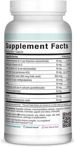 Vista 2 de Maxi Health Complejo de vitamina B para aliviar el estrés para mujeres y hombres, vitamina B6, B12, biotina, inositol, folato, vegano, sin gluten