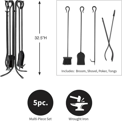 Vista 3 de Plow & Hearth Juego de 5 herramientas compactas de hierro forjado a mano para chimenea de 32.5 pulgadas Mango de hierro forjado negro