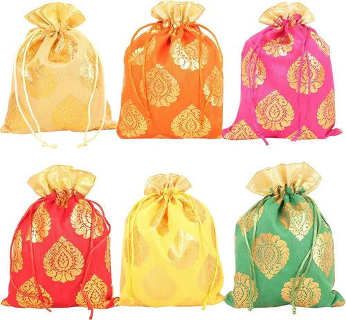 Vista 14 de Touchstone Bolsas con cordón de tela tradicional india, hechas a mano, perfectas para regalos, joyas, bodas, bolsas, bolsas, Potli, -Mimosa
