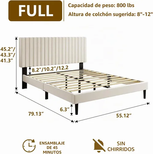 Vista 2 de Sismplly Armazón de cama tamaño completo con cabecera tapizada en terciopelo, cama de plataforma con listones de madera resistentes, base