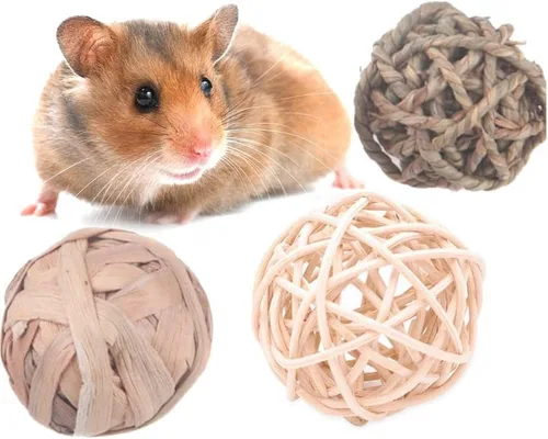 Vista 3 de Juguetes masticables para actividades de animales pequeños, conejos, pájaros, loros, jugar con bolas de ratán de mimbre para chinchilla, conejillo