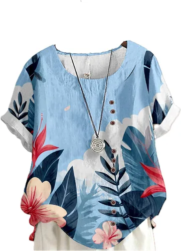 Vista 13 de domirica Camisetas de verano para mujer 2024 con estampado de flores, algodón, lino, manga corta, cuello redondo, camisas casuales de moda