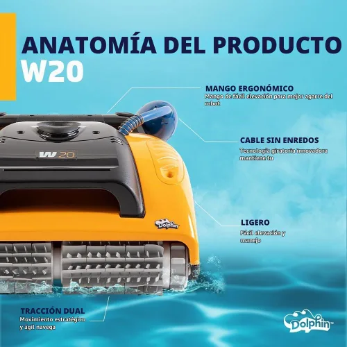 Vista 10 de Dolphin Aspirador robótico automático para piscinas W20, incluye control remoto y carrito, solo limpieza de pisos, ideal para piscinas comerciales