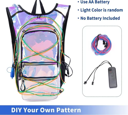 Vista 4 de Mochila de hidratación con luces frías, bolsa de agua de 2 L, bolsa ligera para correr, senderismo, bicicleta, escalada, festival de música esencial