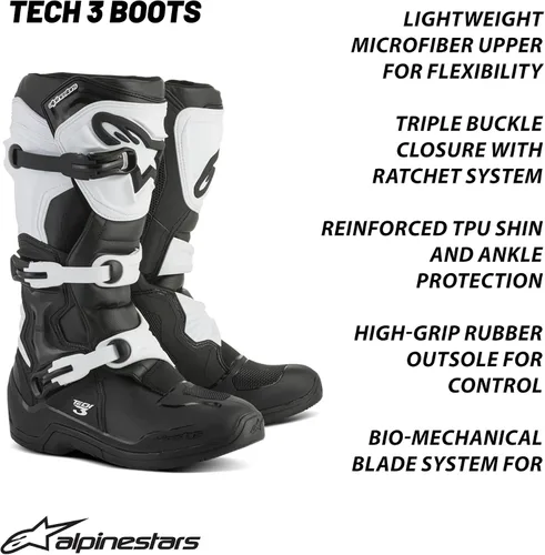 Vista 10 de Alpinestars Tech 3 - Botas de motocross para adulto, Negro/Blanco