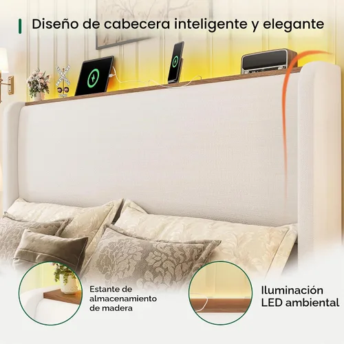 Vista 5 de LARMACE Base de cama tamaño Queen con luces LED y estación de carga, base de cama de plataforma tapizada de lino con cabecera de 51.2 pulgadas