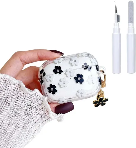 Vista 9 de Funda protectora para AirPods Pro de 1ª generación con llavero, bonita funda protectora para auriculares con flores negras y flores, TPU suave