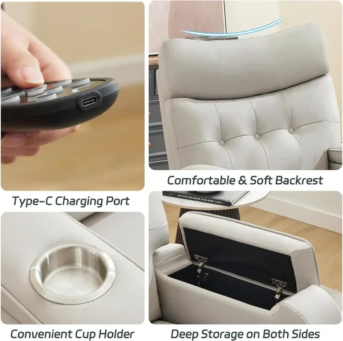 Vista 6 de Rocker - Silla reclinable para cuarto de bebé, mecedora giratoria con calor y masaje, para sala de estar, color gris claro Cuero Gris Claro