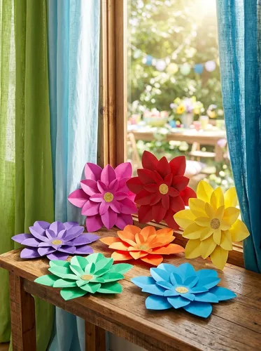 Vista 5 de Juego de 7 flores de papel arcoíris para pared de 10 pulgadas, decoración de telón de fondo para fiesta temática de arcoíris, fiesta de cumpleaños