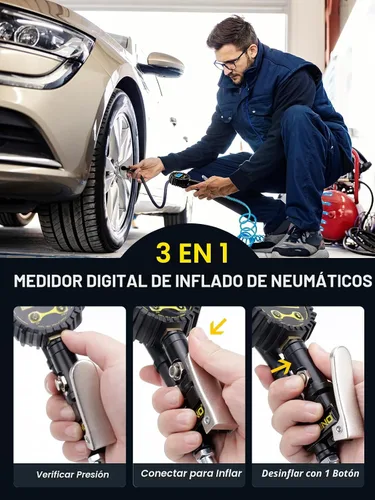 Vista 4 de AZUNO Inflador de neumáticos digital con manómetro, 200 PSI, accesorios de compresor de aire resistentes, con manguera de goma, bloqueo