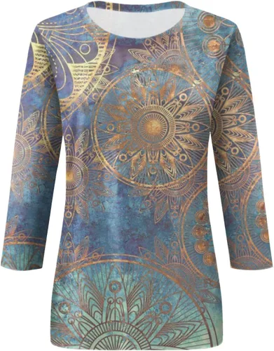 Vista 3 de Blusa bohemia para mujer, estilo casual, manga tres cuartos, cuello redondo, sin botones